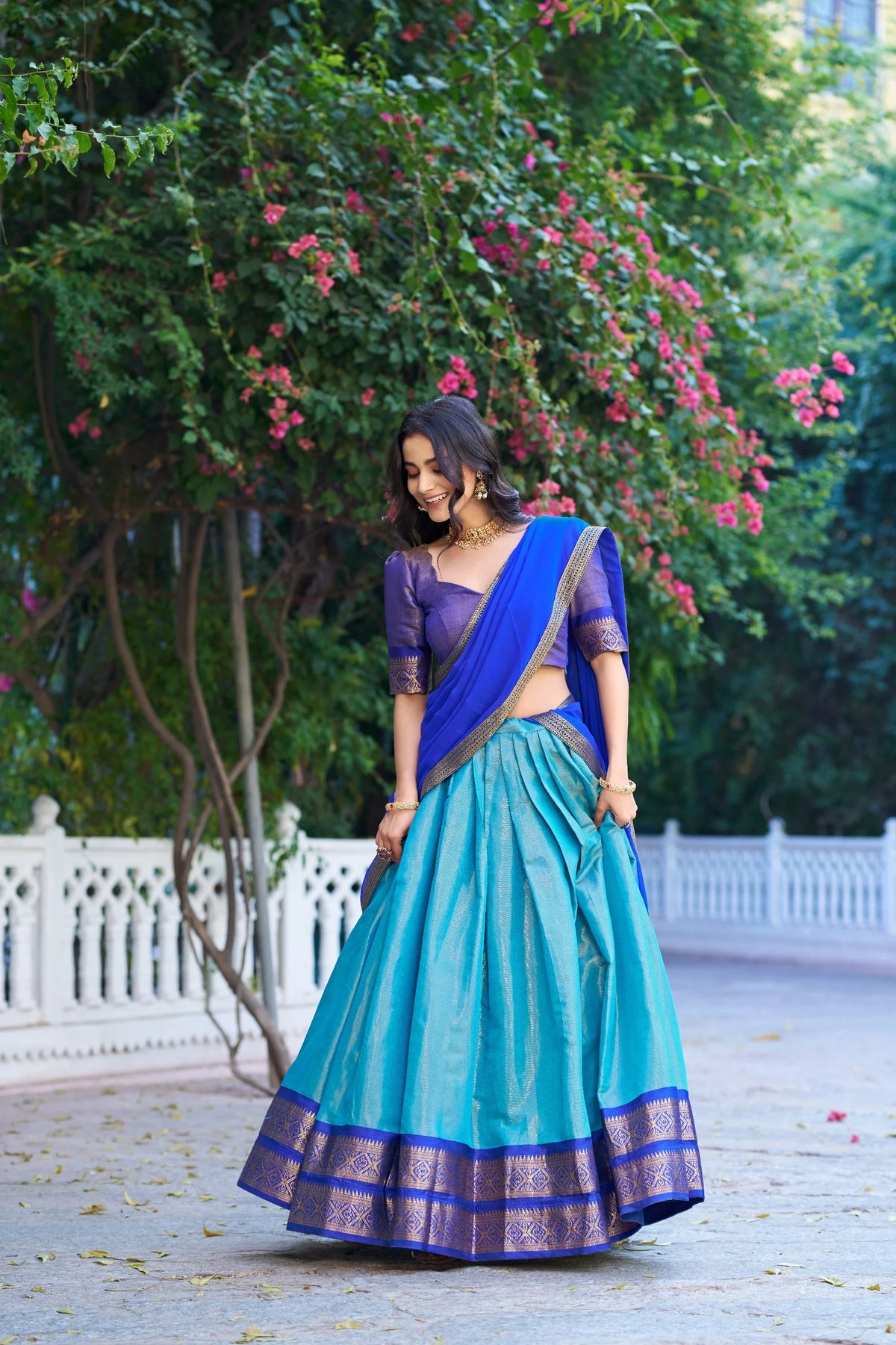 South Indian kanchipuram half saree lehenga set yellow and dark green with drawstring zip