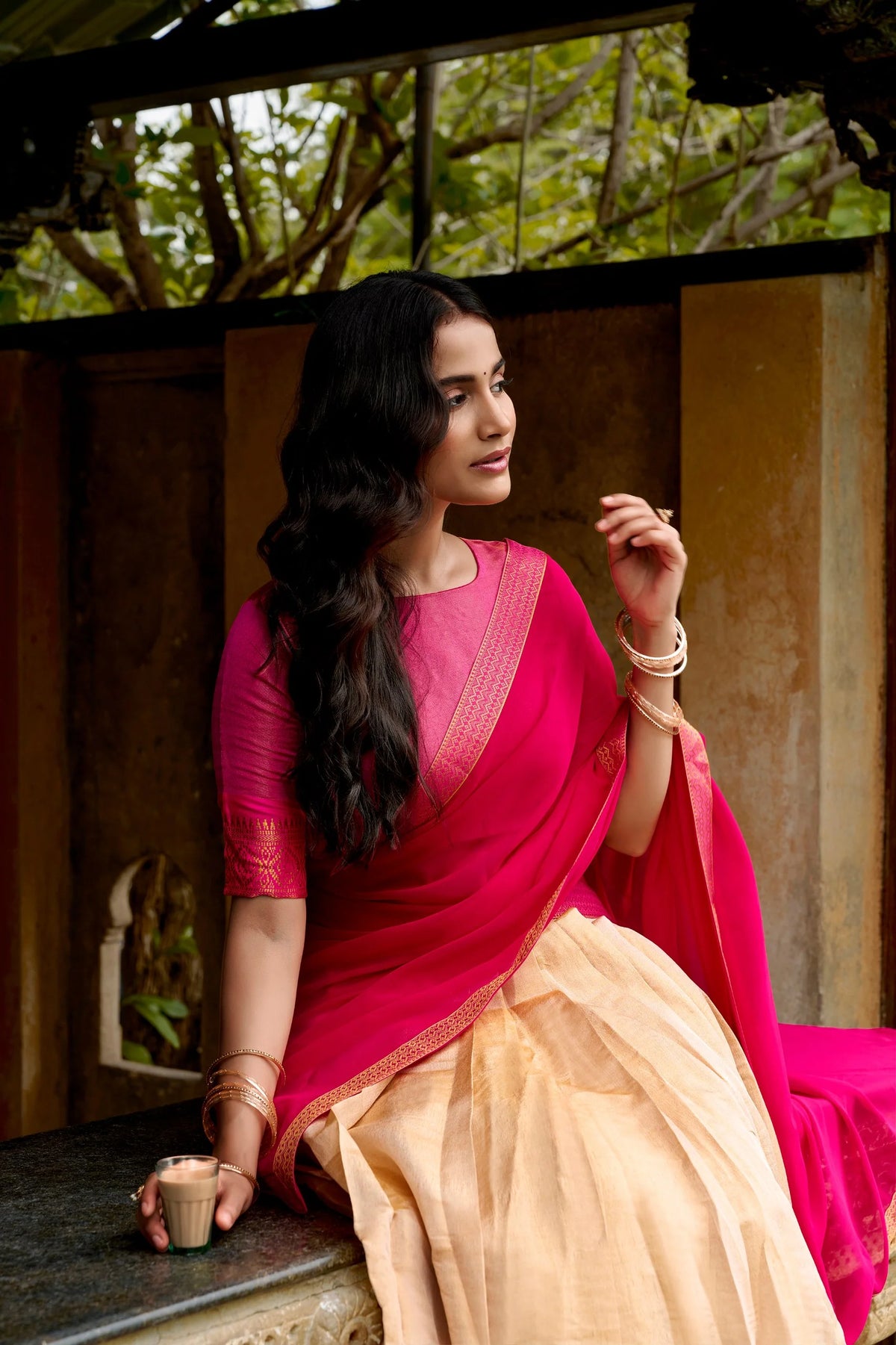 Kanchipuram lehenga set cream and pink with georgette dupatta – front view