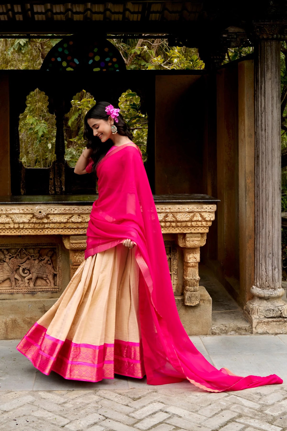 Kanchipuram lehenga set cream and pink full length with georgette dupatta – side view