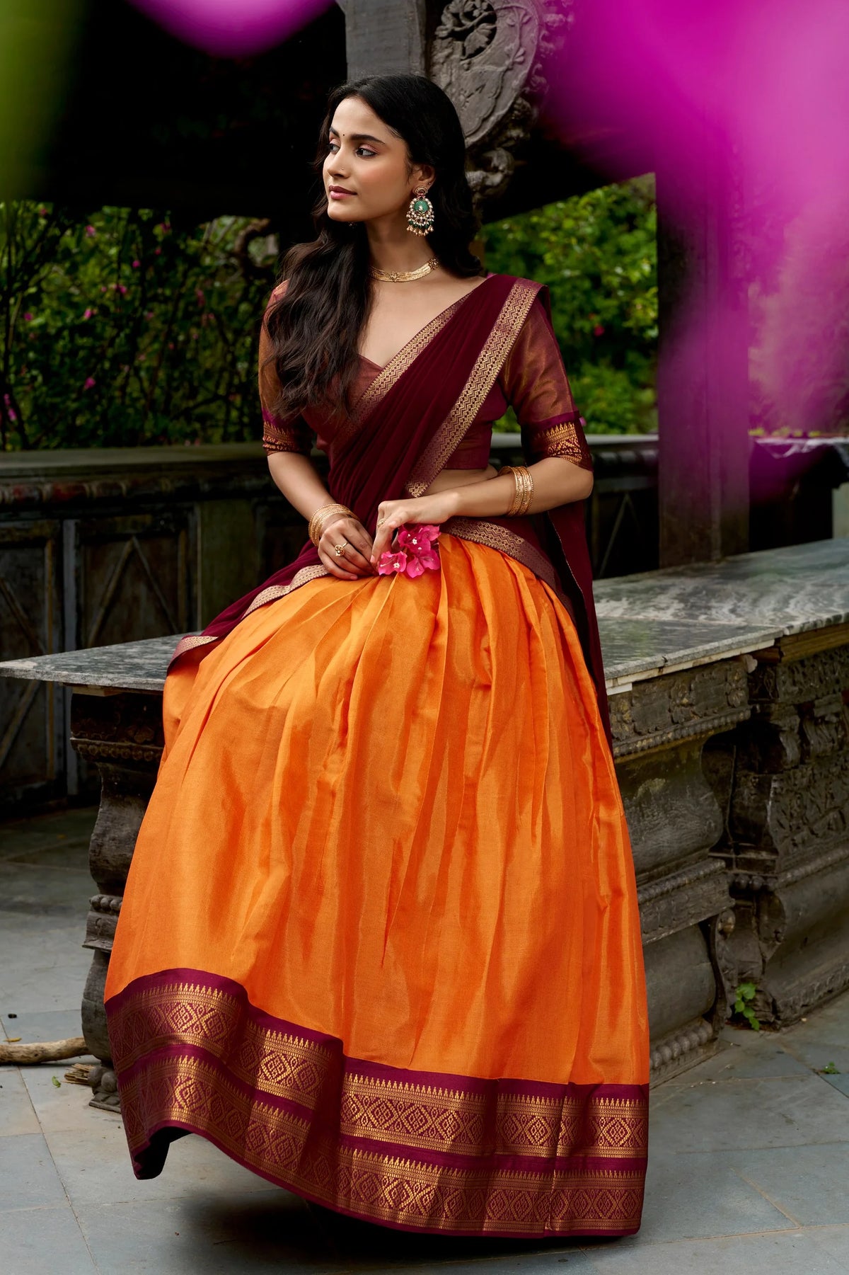 Kanchipuram lehenga set orange maroon outdoor garden view with dupatta