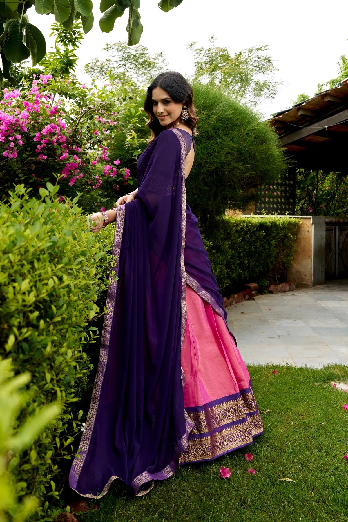 Kanchipuram lehenga set pink and purple with zari border – outdoor festive look