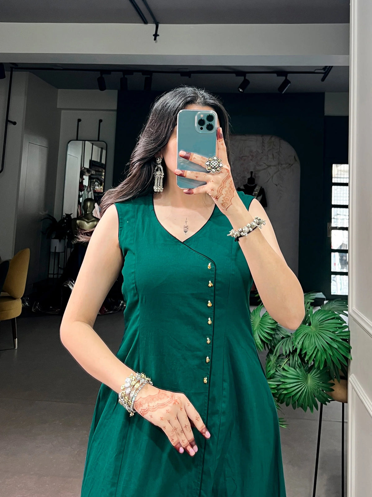 khadi cotton kurti bottle green side button detail