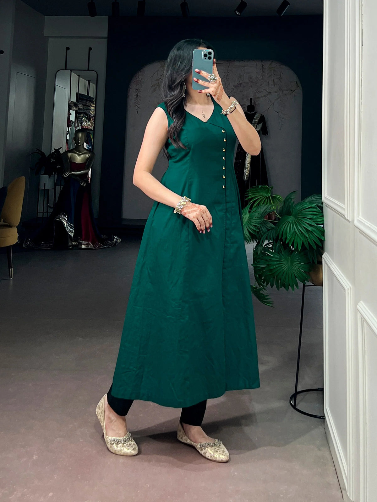 khadi cotton kurti bottle green a-line gown full view