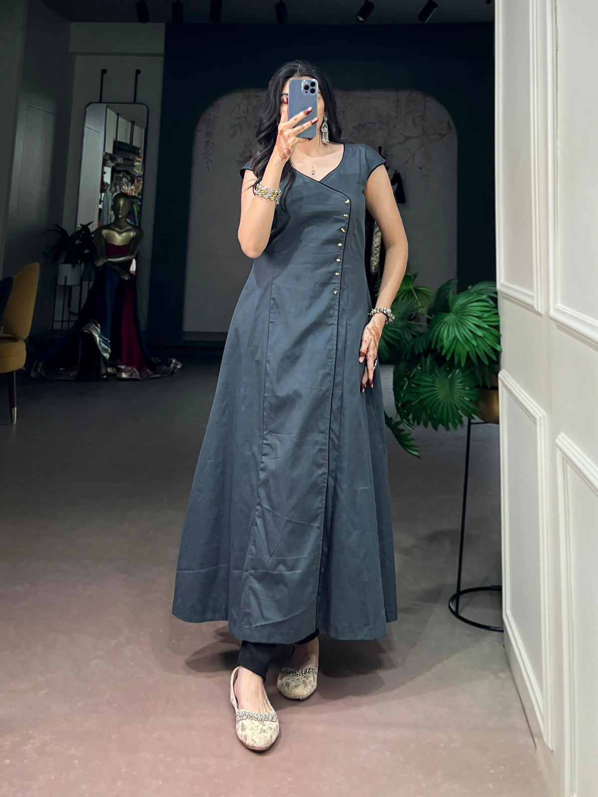 khadi cotton kurti charcoal grey floor length gown