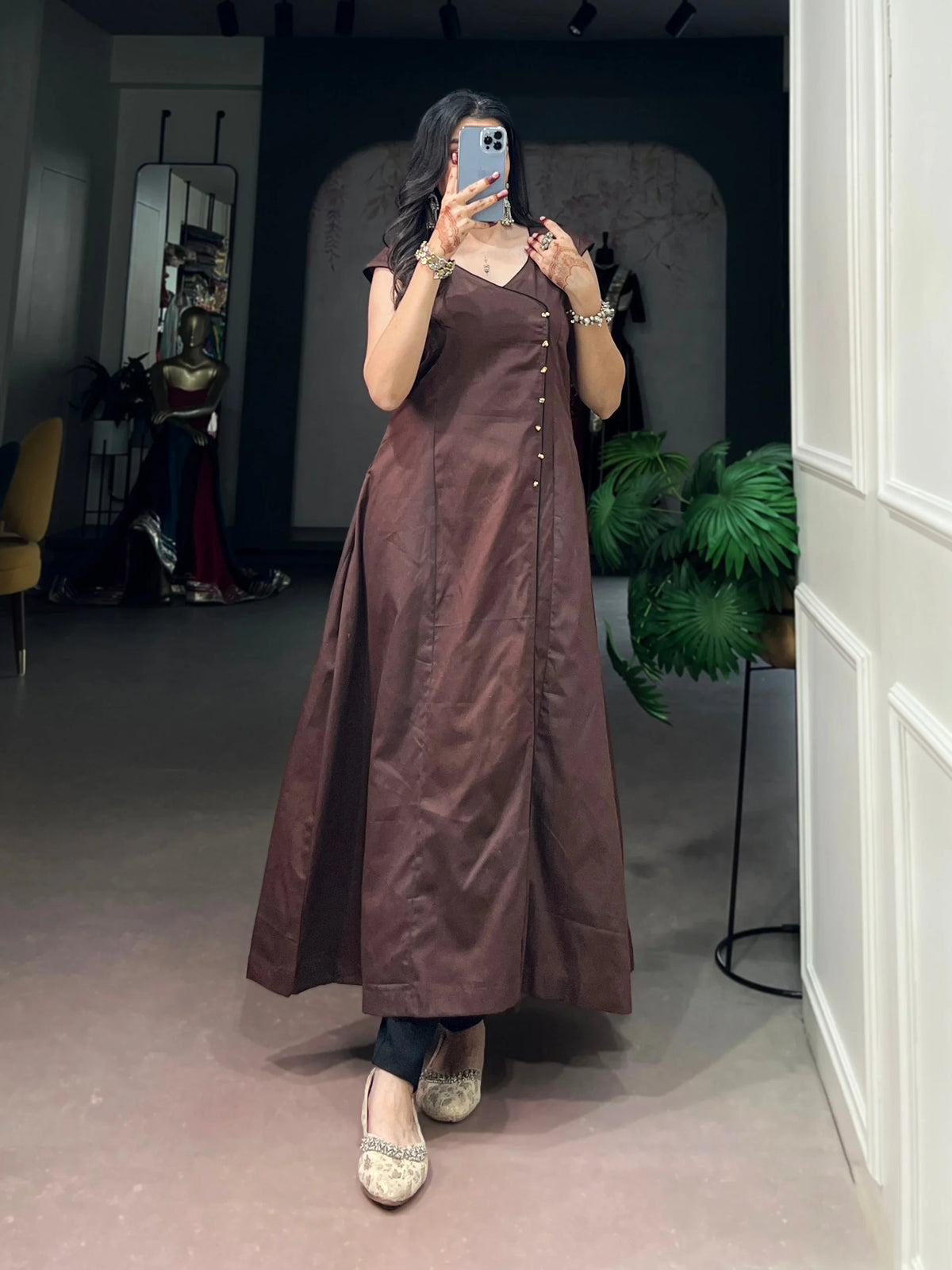 khadi cotton kurti coffee brown side button placket