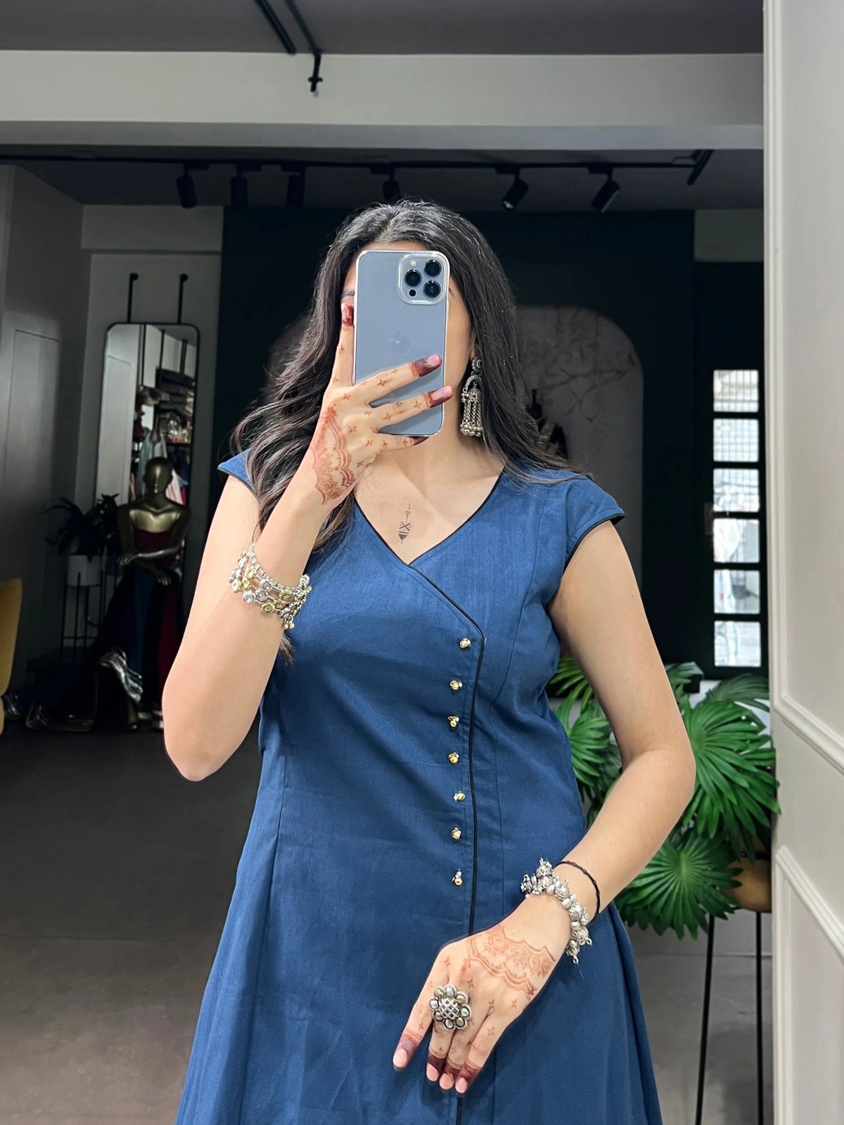 khadi cotton kurti navy blue V-neck ghungroo button closeup