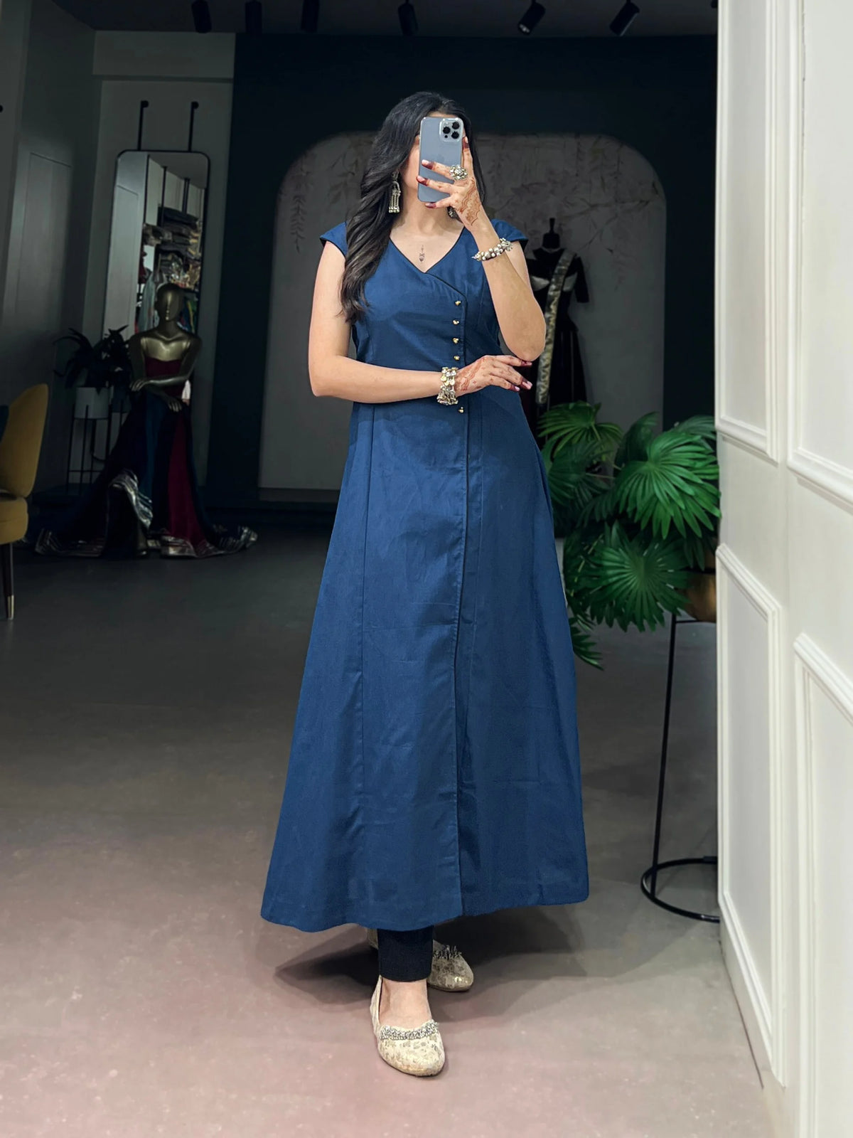 khadi cotton kurti navy blue angrakha a-line full length