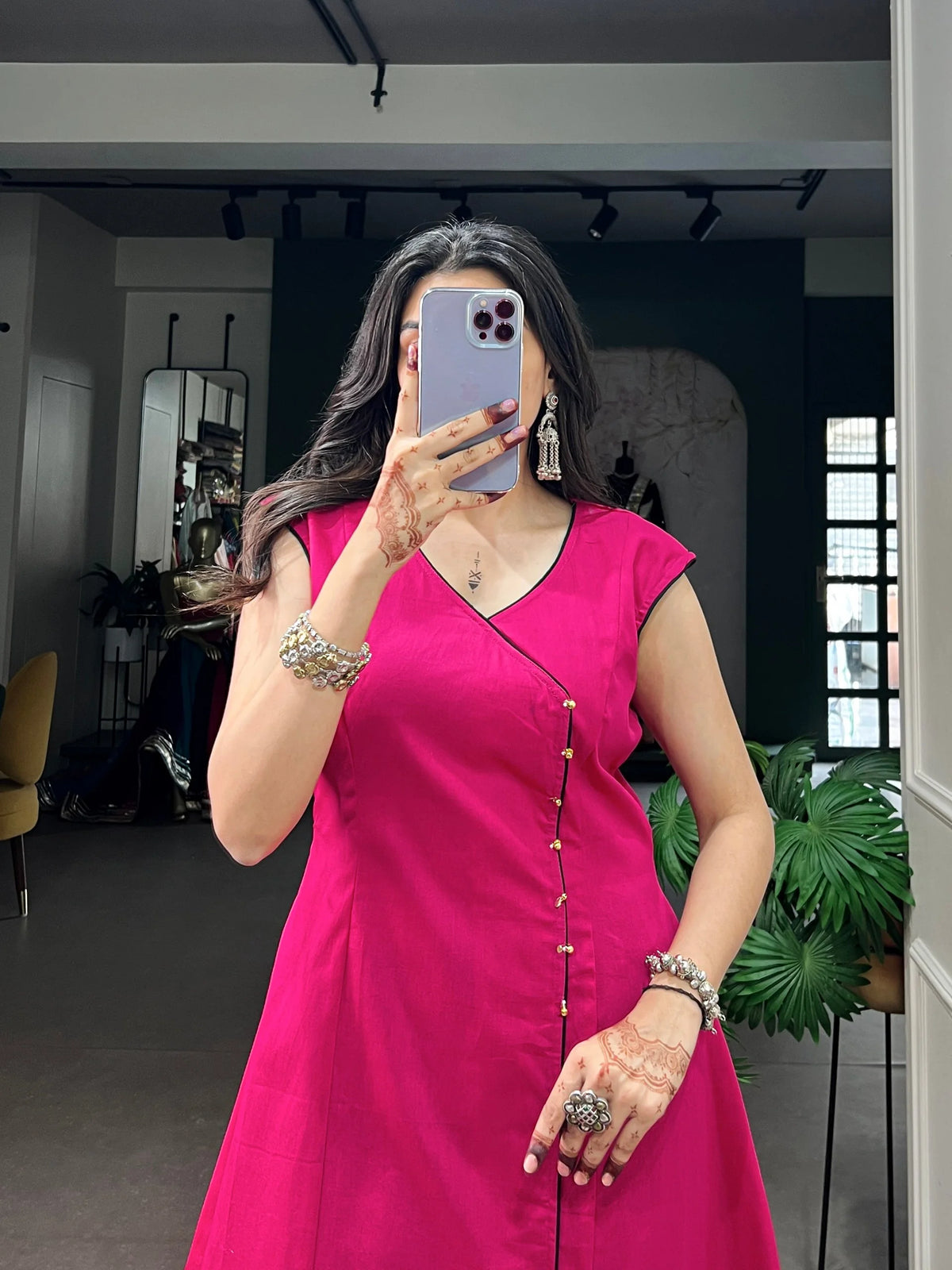 khadi cotton kurti rani pink bodice ghungroo button closeup