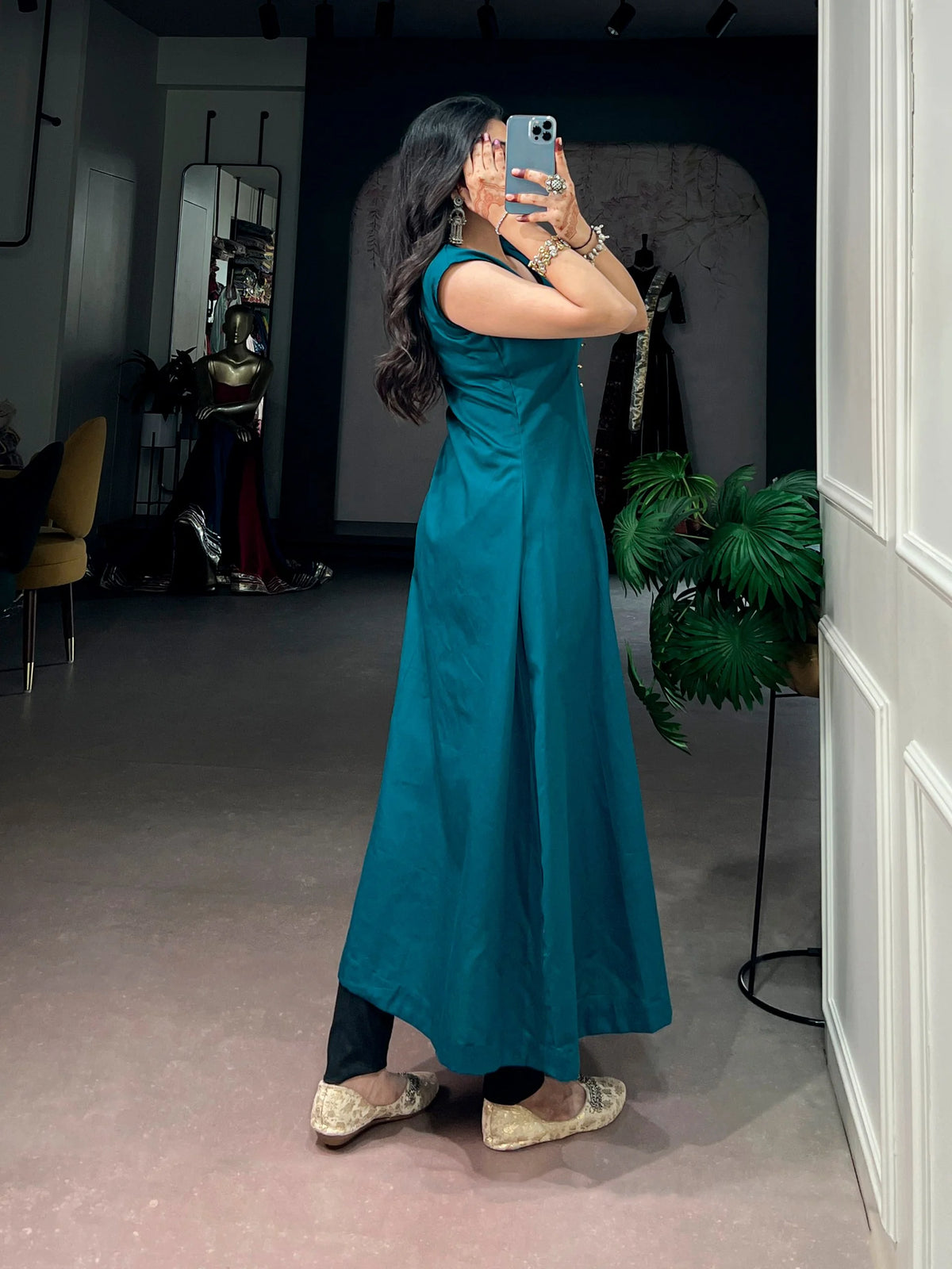 khadi cotton kurti teal blue side view floor length