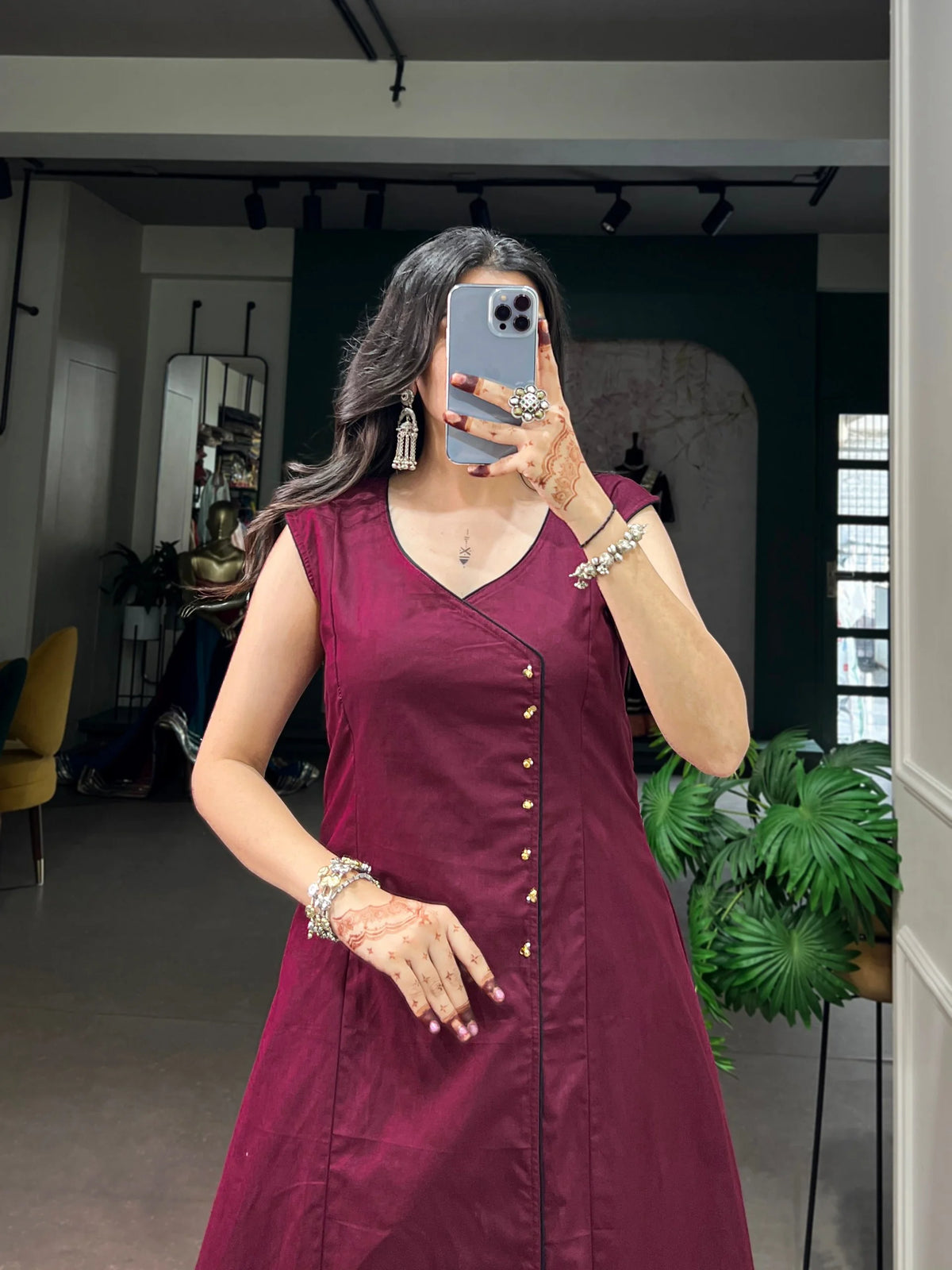 khadi cotton kurti wine maroon angrakha placket closeup