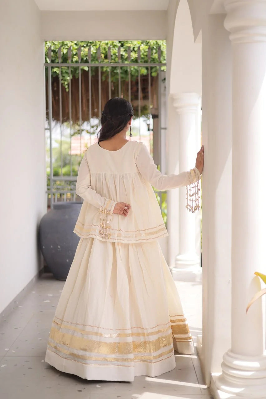 Cream kora cotton lehenga choli back view – peplum blouse with zari patta border