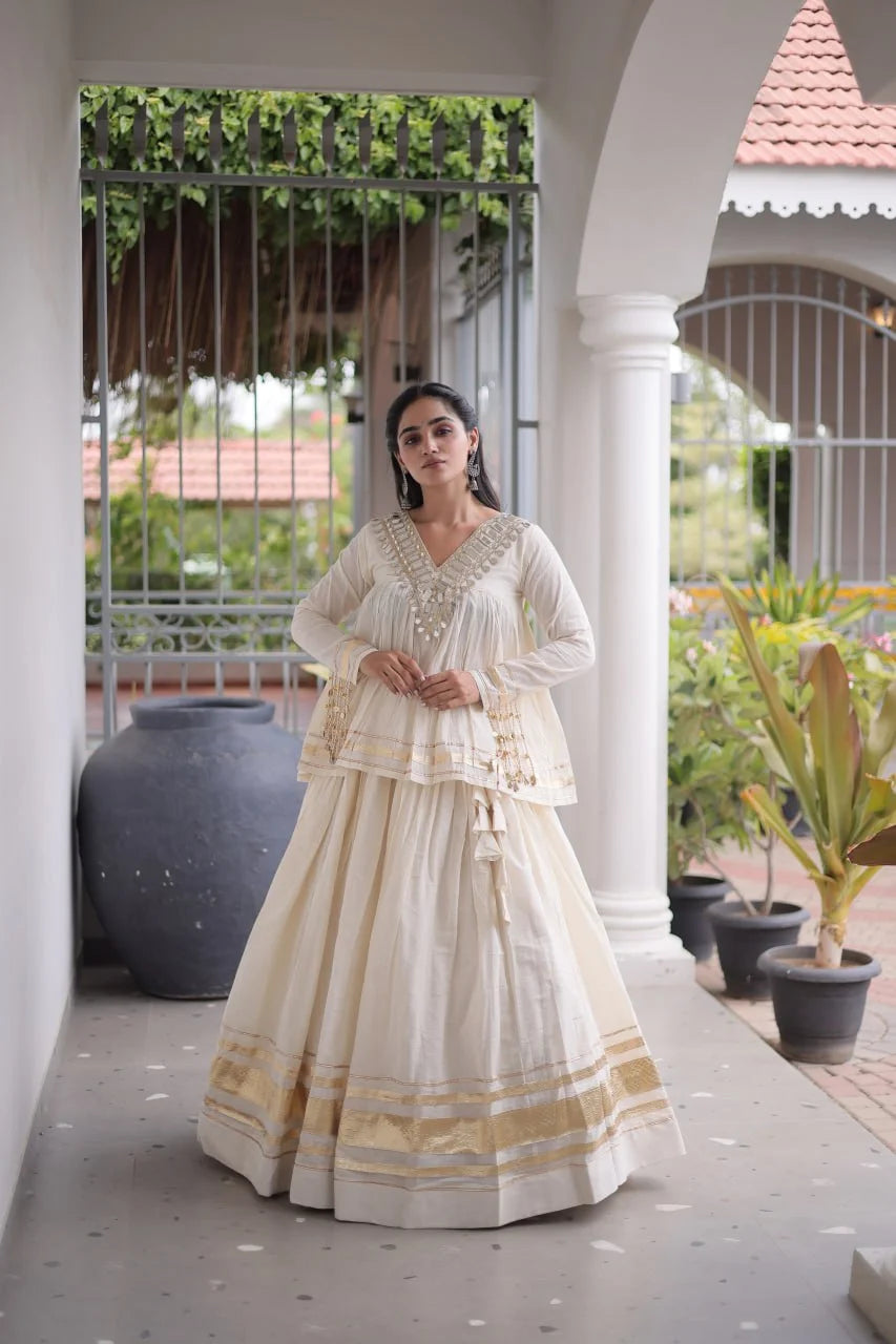 Cream navratri lehenga choli kora cotton full front – mirror work and zari border