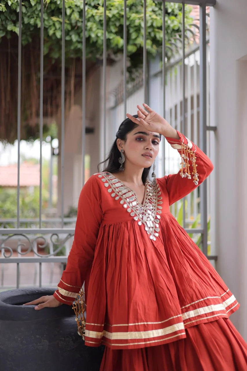 Olive green kora cotton lehenga choli back view – peplum blouse and gota patti