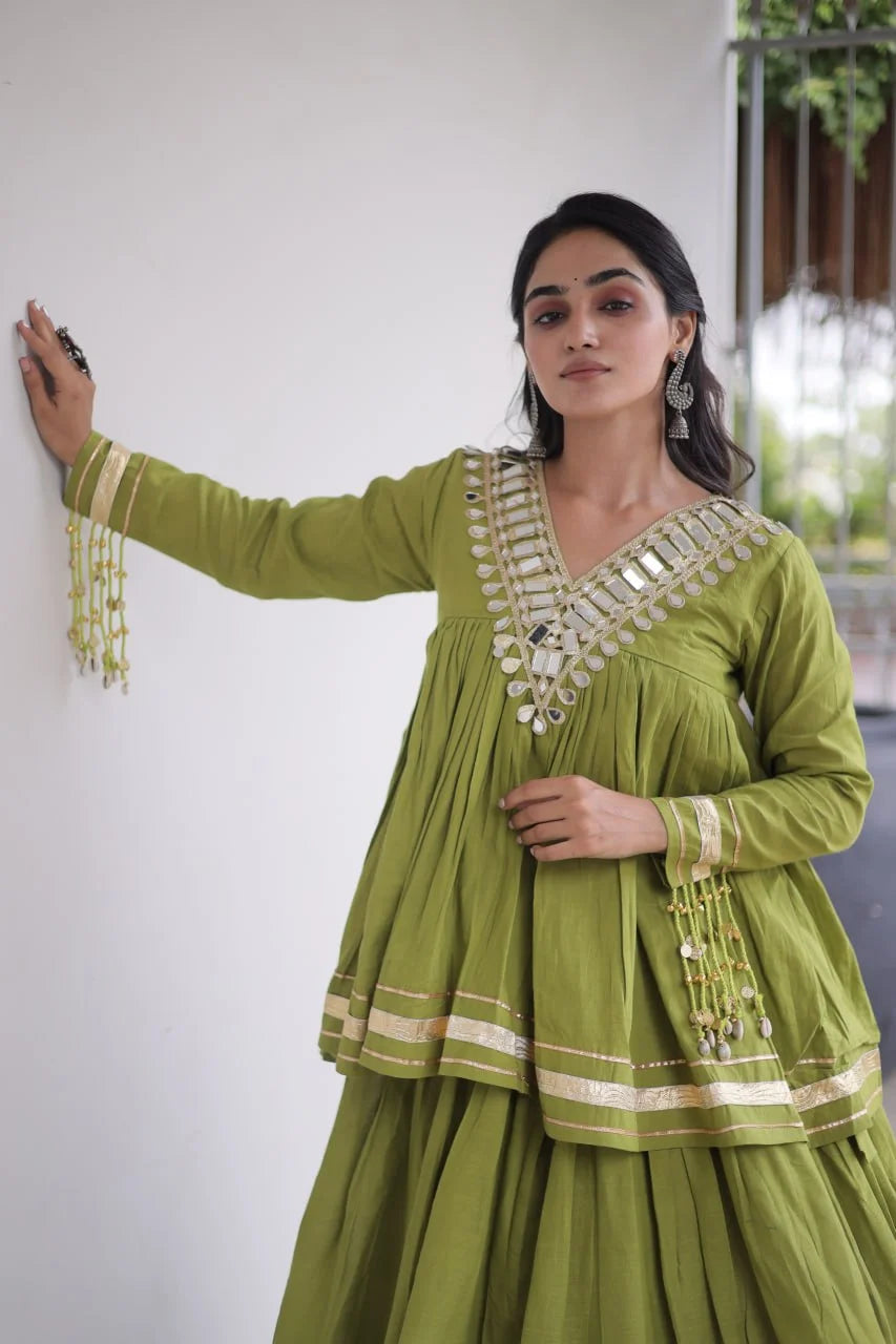 Kora cotton lehenga choli olive green front closeup – real mirror lace work neckline