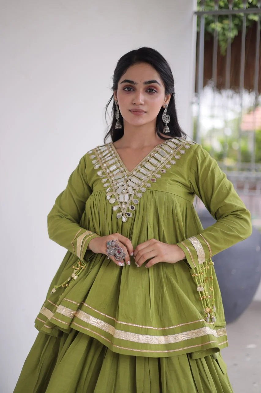 Olive green navratri lehenga choli – kora cotton with mirror work and gota patti