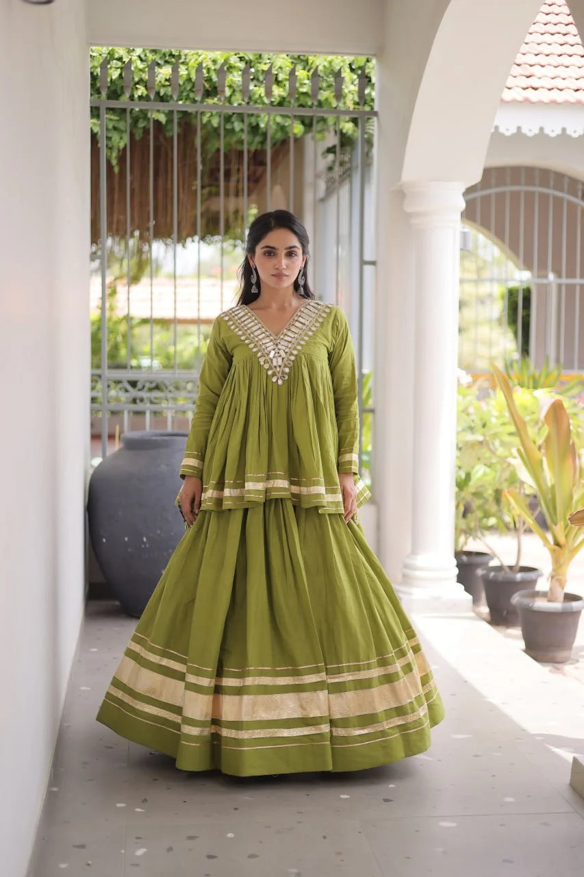 Olive green kora cotton navratri lehenga choli mirror work – full standing view
