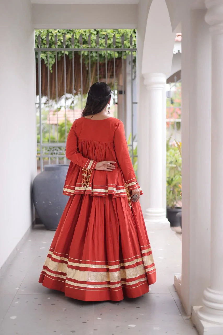 Rust kora cotton lehenga choli back view – peplum blouse and gota patti border