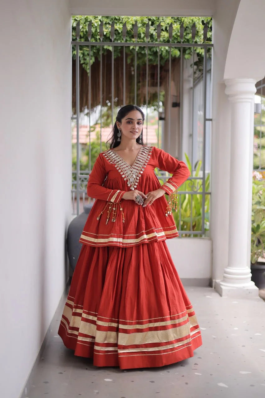 Rust kora cotton lehenga choli front – mirror work and gota patti border navratri