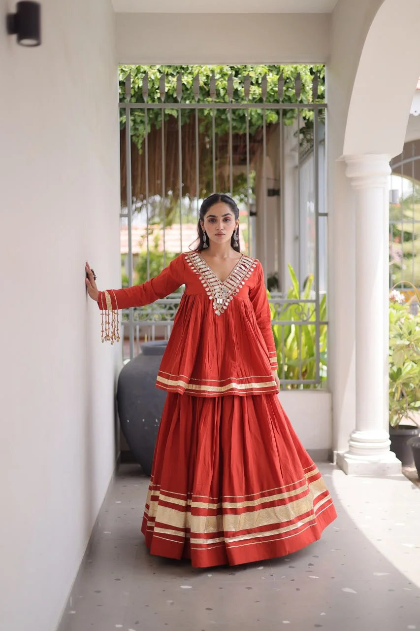Navratri kora cotton lehenga choli rust front – mirror lace and gota patti border