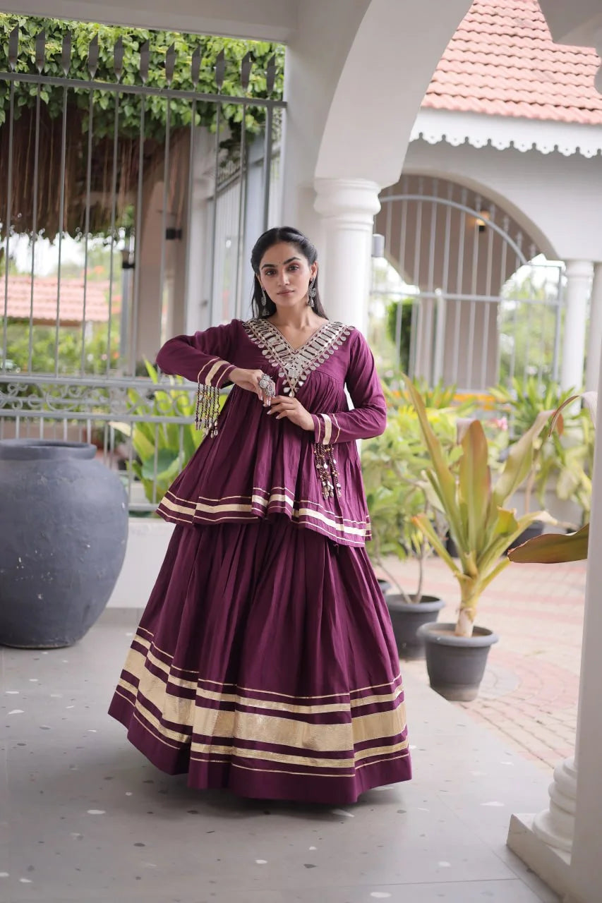 Kora cotton lehenga choli wine colour front view – mirror work neckline and gota patti border