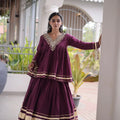 Kora cotton lehenga choli wine front view – real mirror lace work and gota patti border