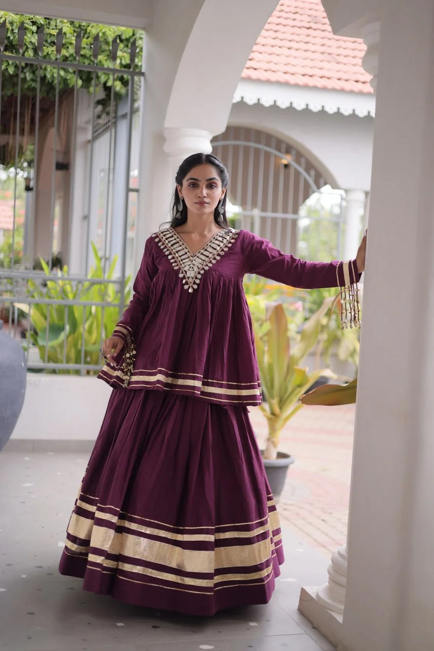 Kora cotton lehenga choli wine front view – real mirror lace work and gota patti border
