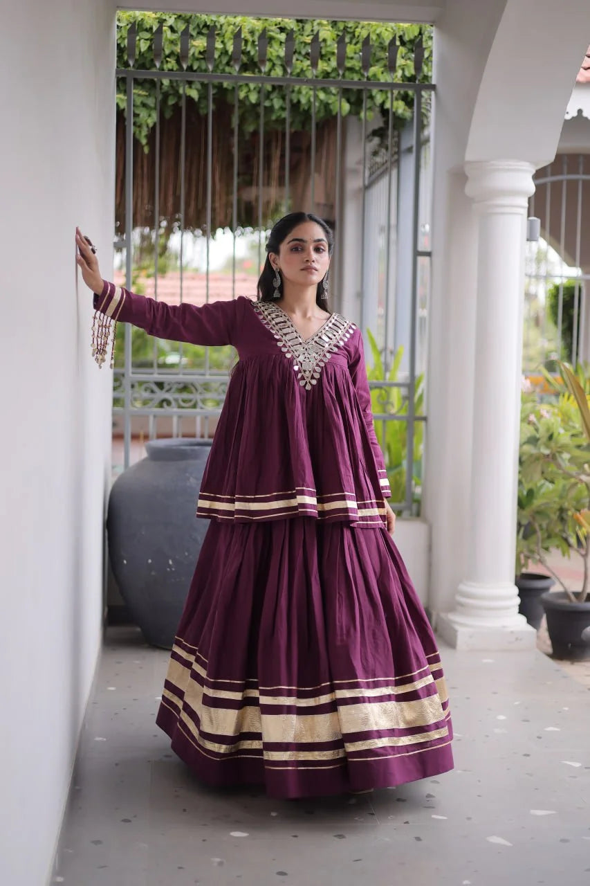 Kora cotton lehenga choli wine side view – mirror neckline and gota patti lehenga