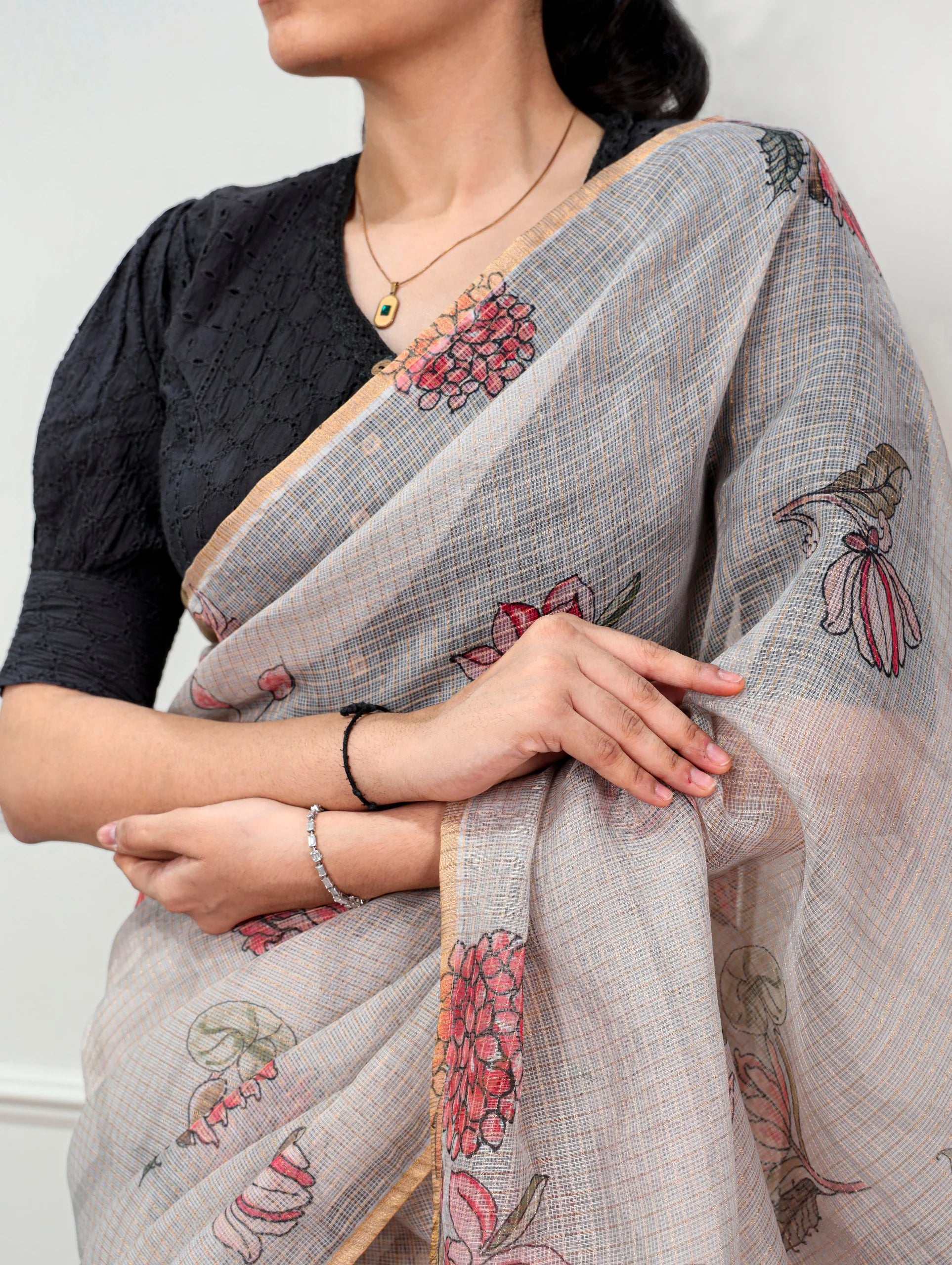 kota doria grey floral saree drape closeup