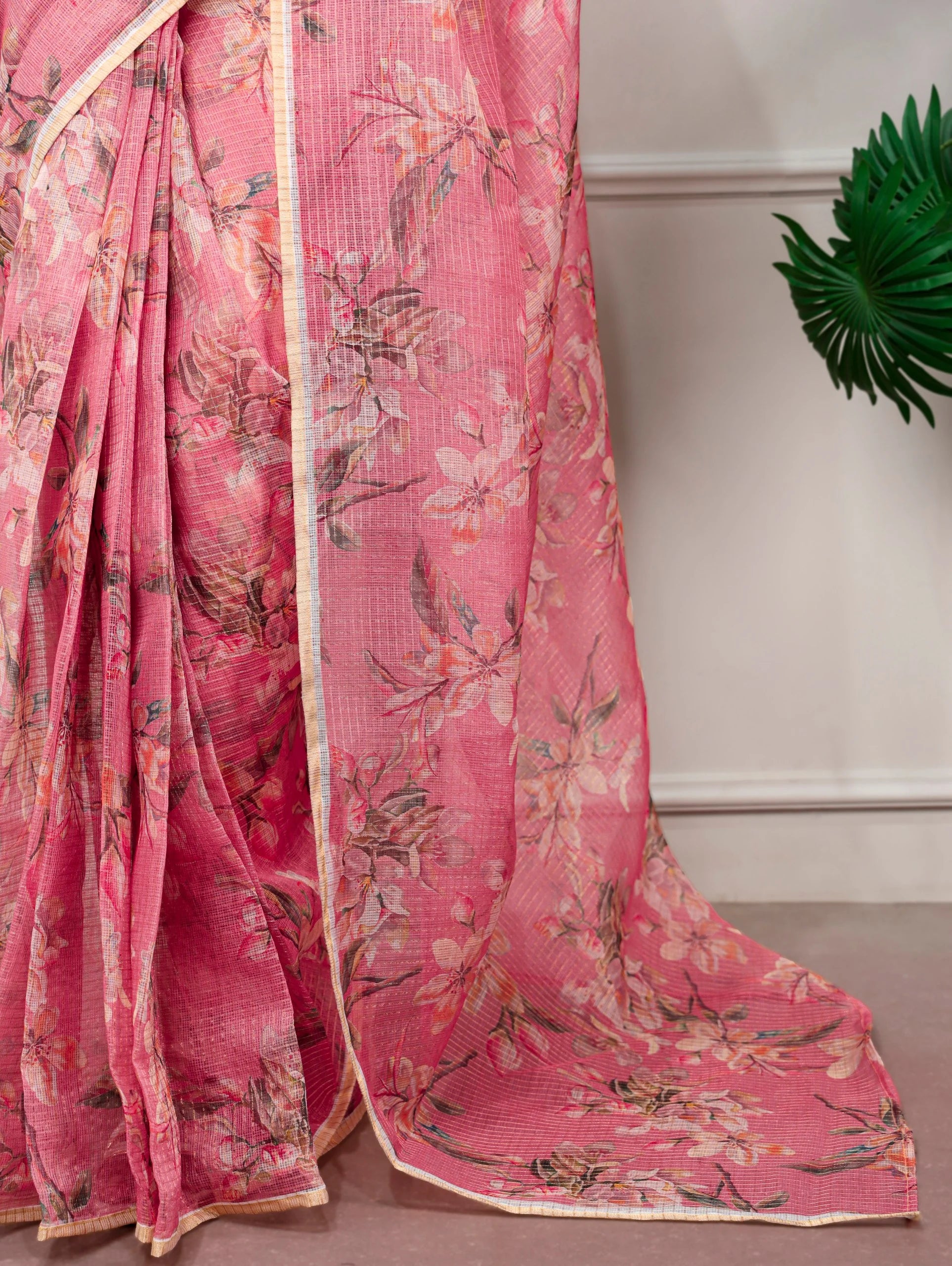 kota doria floral saree pink fabric drape closeup