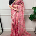 pink kota doria floral print saree front view full length