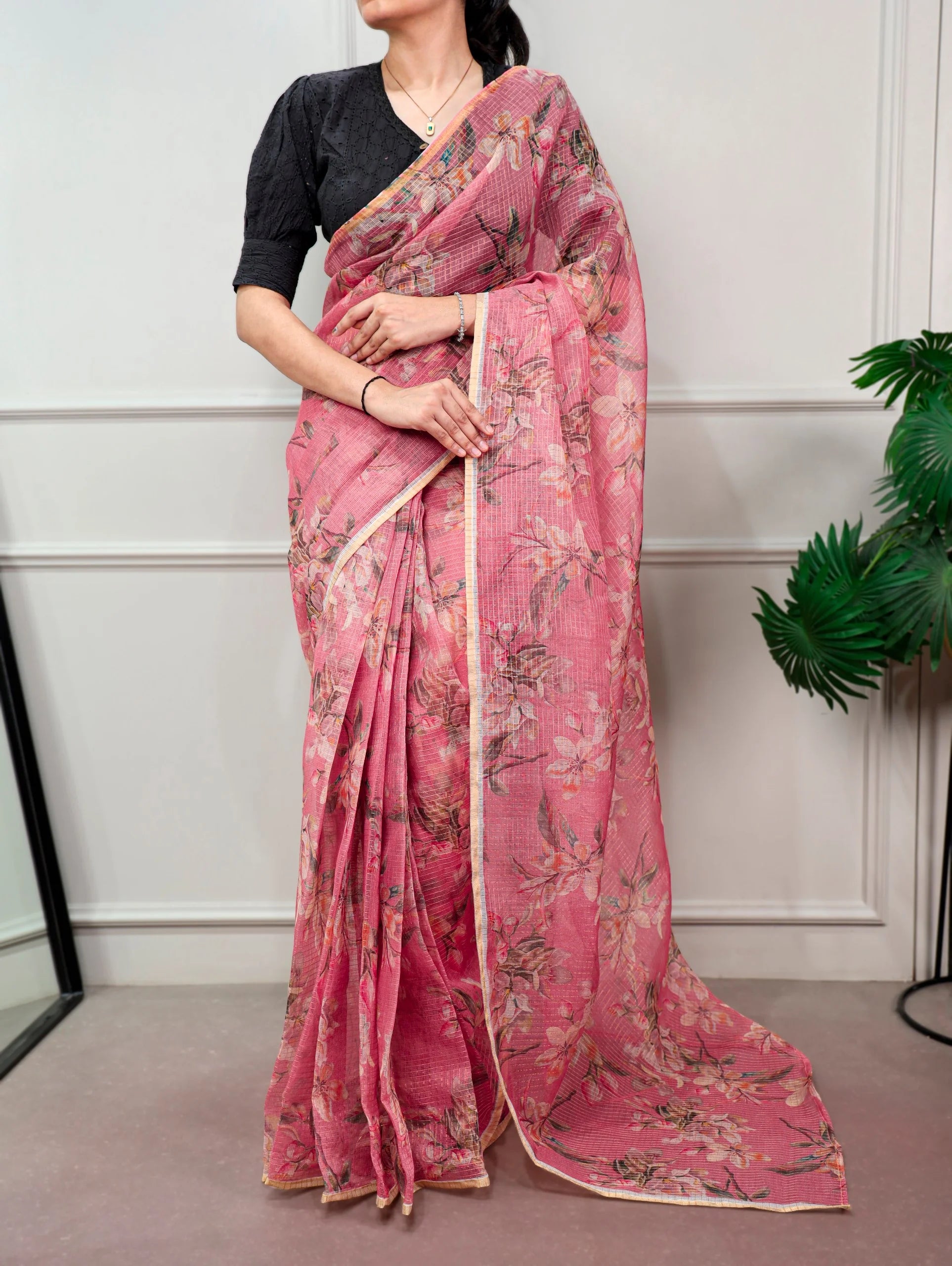 pink kota doria floral print saree front view full length