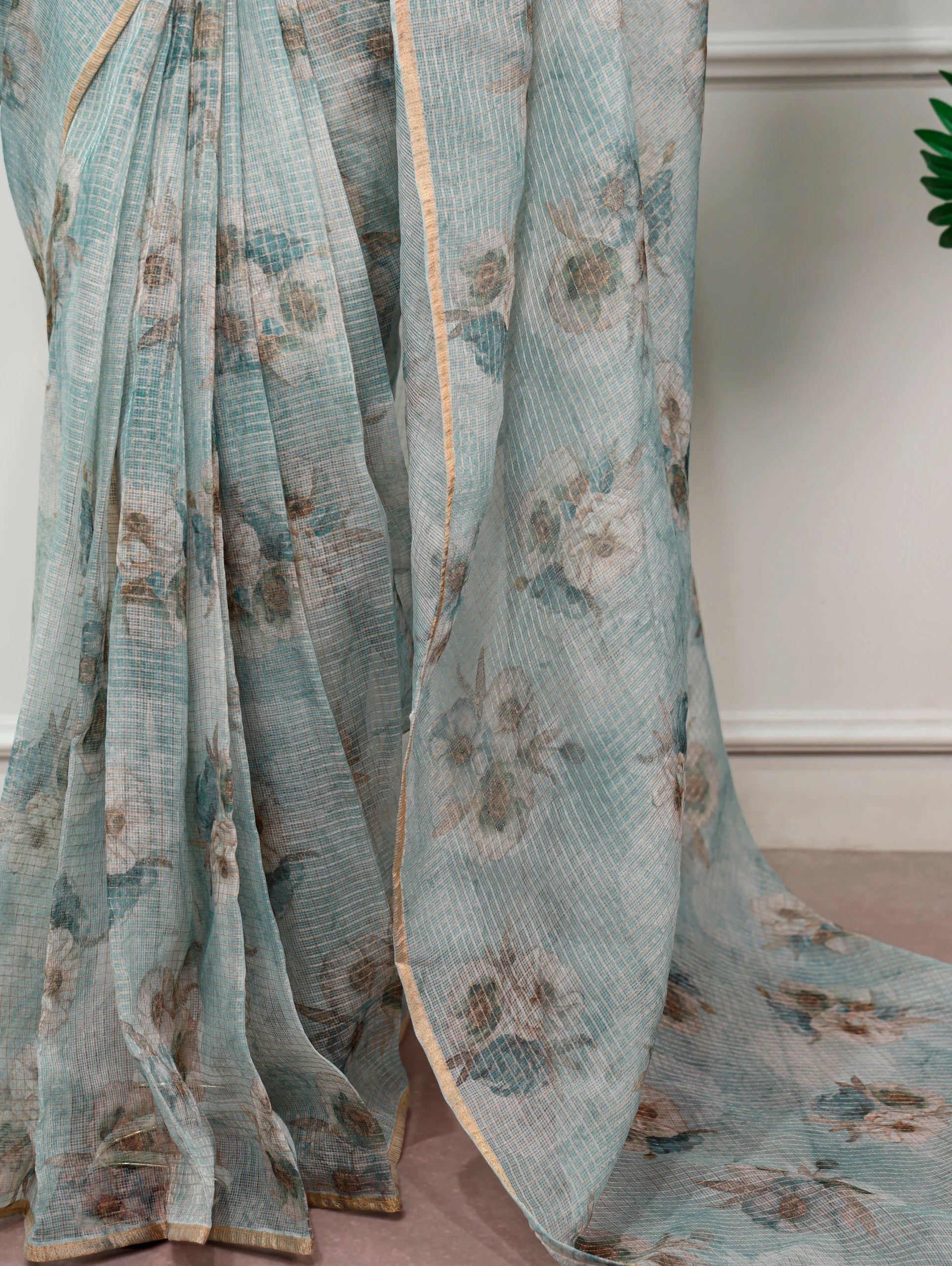 teal kota doria floral saree fabric texture detail