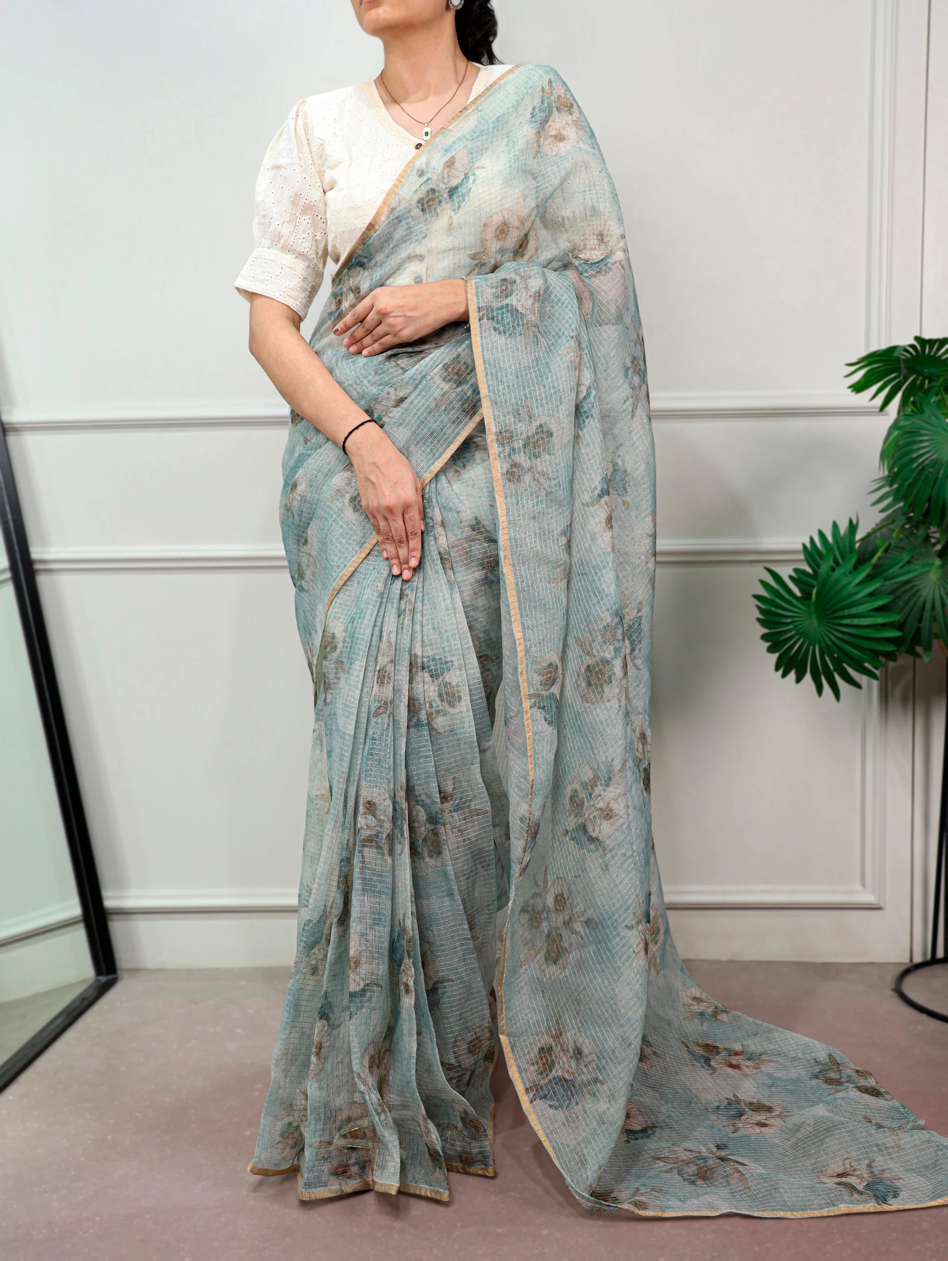 teal kota doria floral print saree full length front