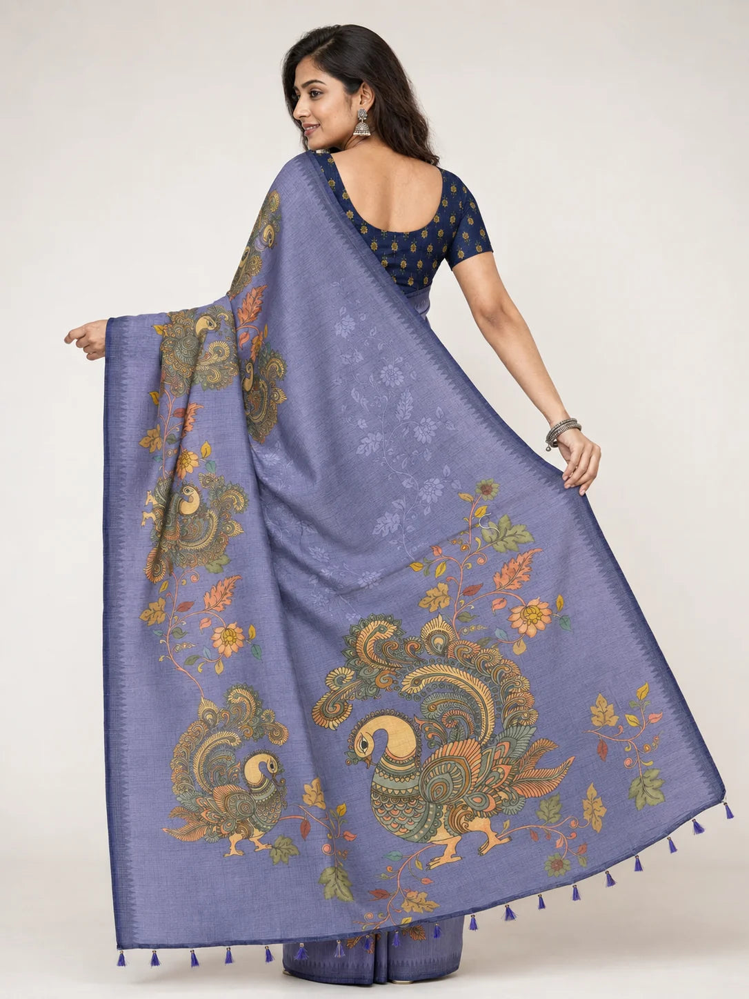 blue kota check saree in blue grey with printed pallu back view