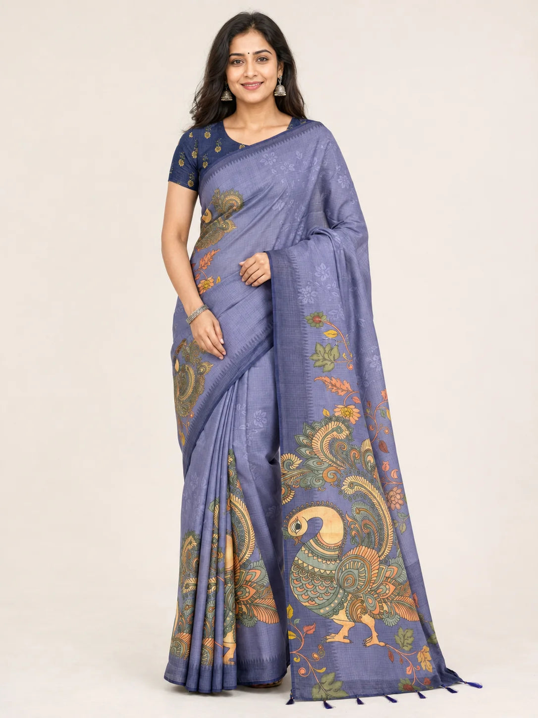 blue kota check saree front drape with soft cotton silk weave