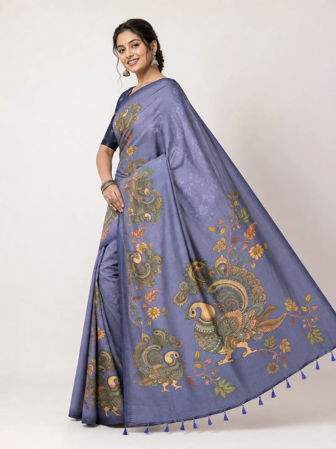 blue kota check saree side drape with floral print and navy blouse