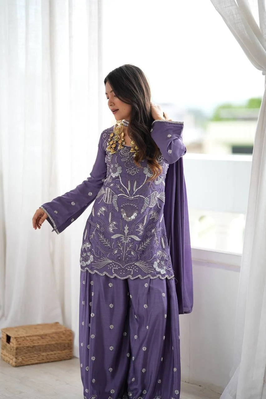 Lavender chinon silk palazzo set with dupatta draped – full length festive view
