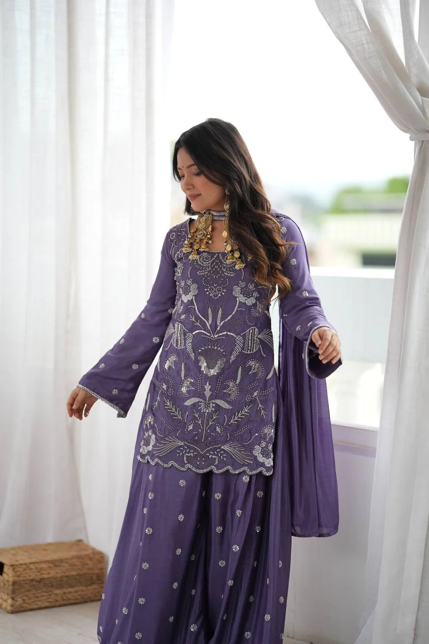 Lavender chinon silk palazzo set front view with silver cut-dana sequin embroidery