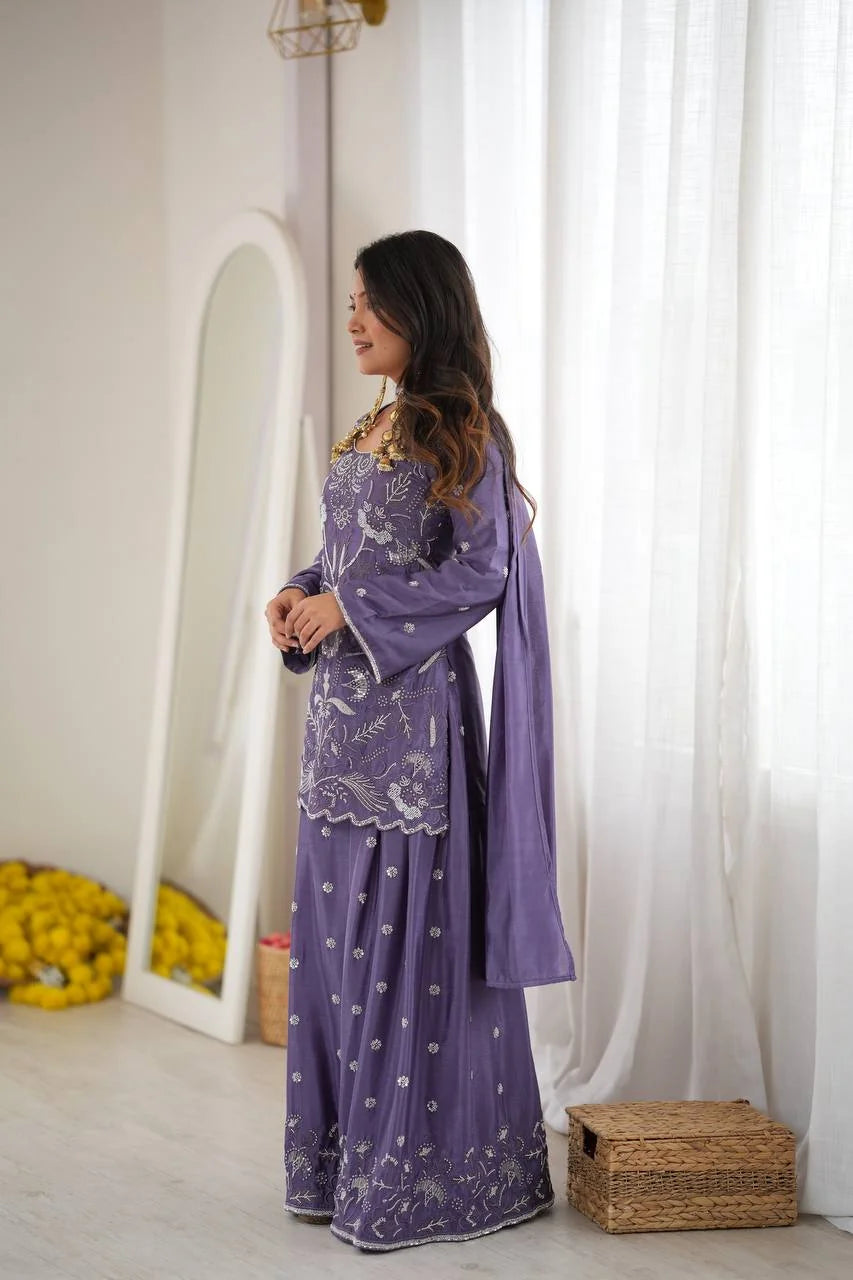 Lavender chinon silk palazzo set with bead work short kurti and dupatta – side view