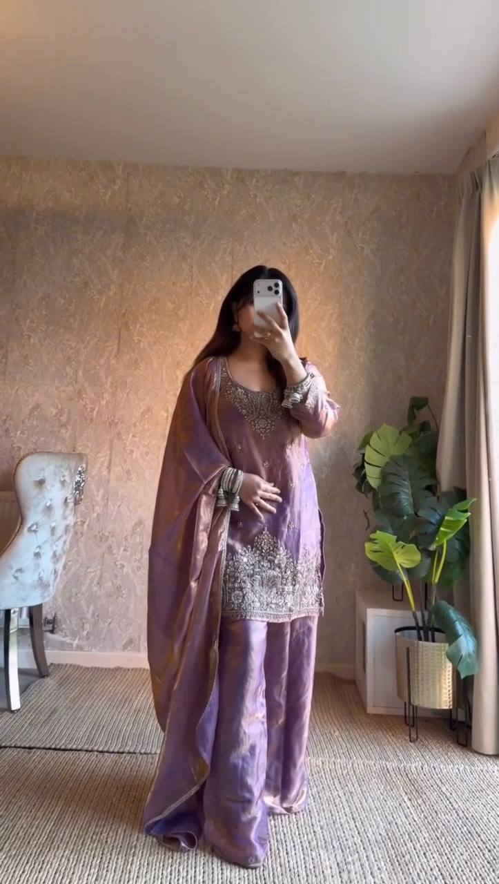 Lavender embroidered kurta with palazzo pants and dupatta for traditional and party wear