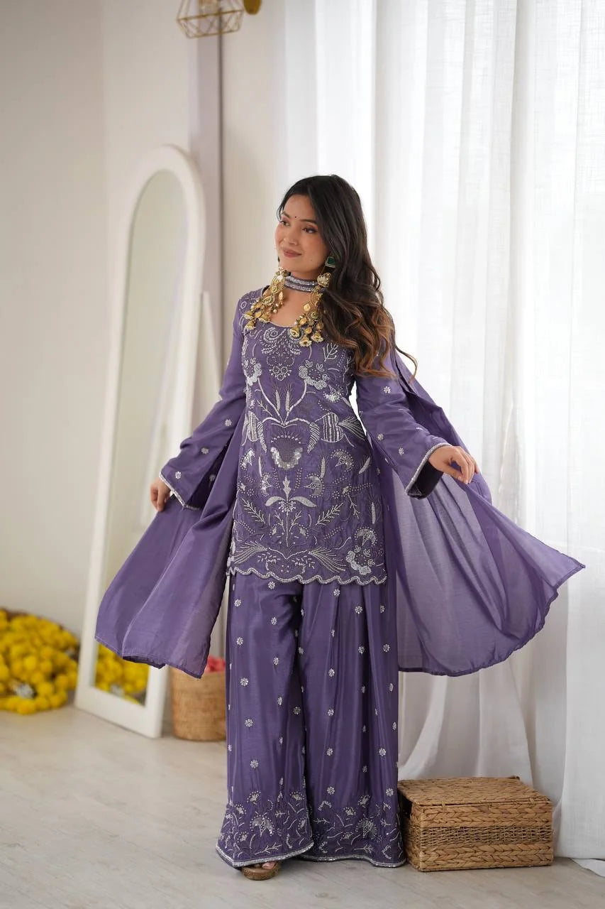 Lavender palazzo suit for women with silver embroidery yoke – full length front