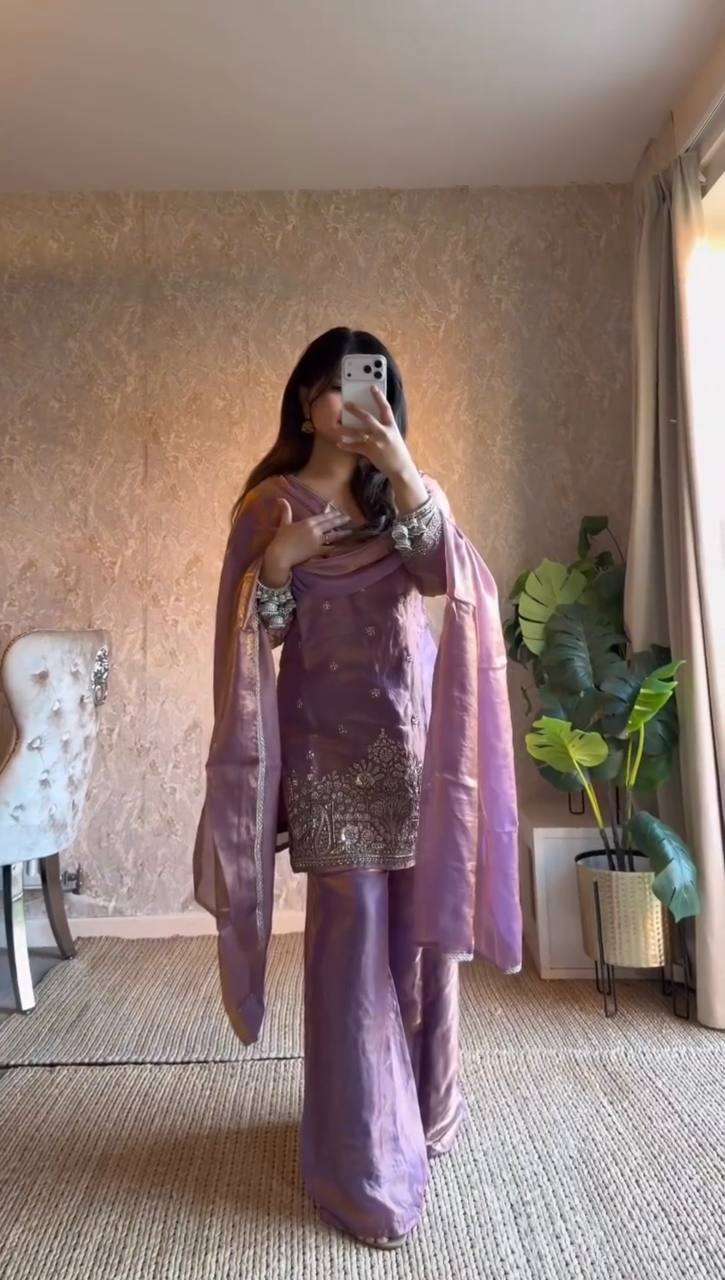 Lavender purple kurta palazzo set with dupatta for festive, wedding and party wear