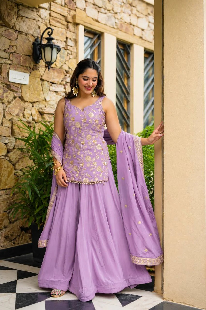 Lavender sharara set front view – sequin and zari embroidered top with dupatta