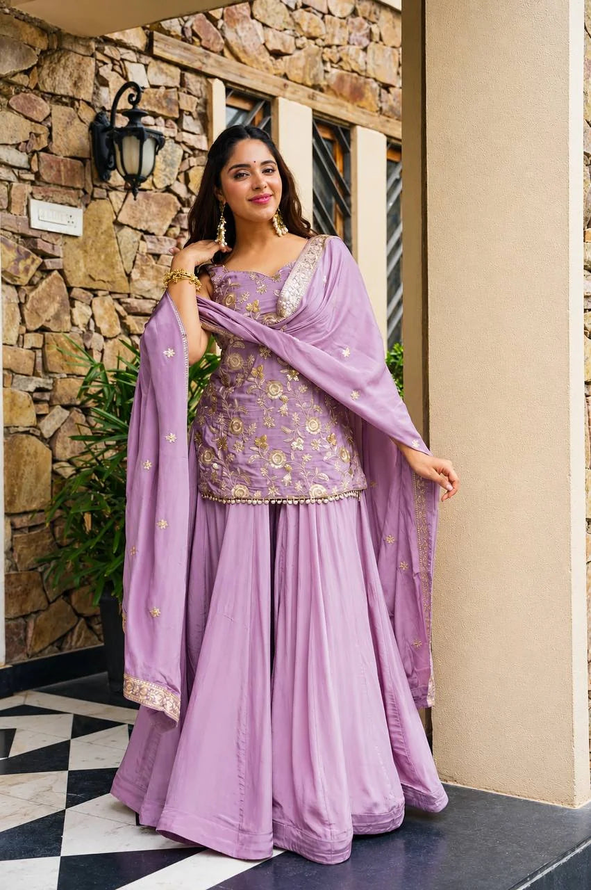 Lavender sharara set sequin zari embroidery detail on diamond silk top