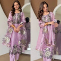 Lilac purple JMC silk floral thread embroidery kurta pant set with dupatta – model view
