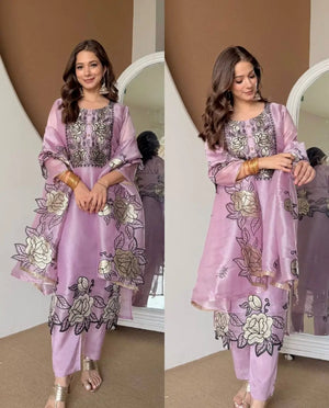 Lilac Purple Floral Embroidery Kurta Pant Set with Dupatta