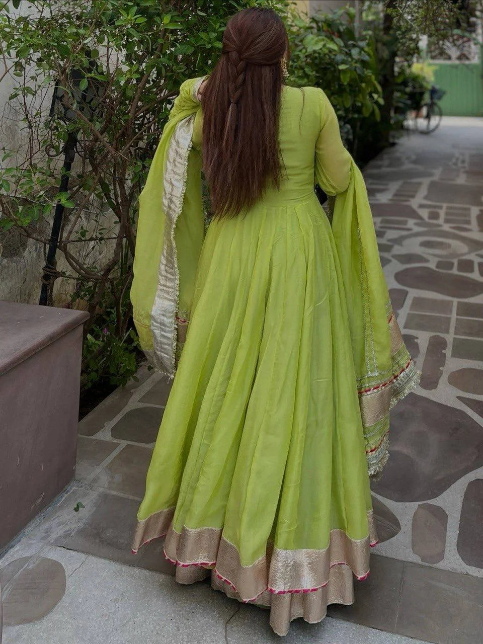 Lime green anarkali set back view gold zari border 3.5 metre flair Chicorawear