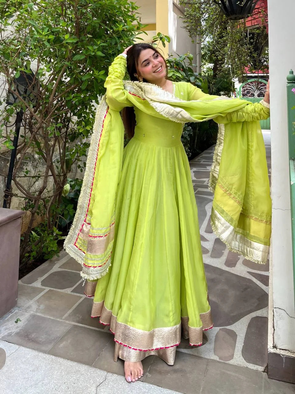 Lime green organza anarkali set flair view double flair festive Chicorawear