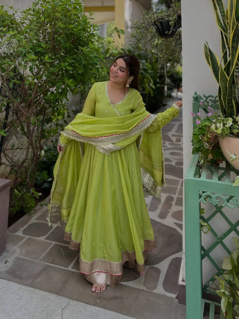 Lime green organza anarkali set front view mirror work gotta patti Chicorawear