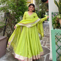 Lime green anarkali set side view dupatta heavy lace women Chicorawear